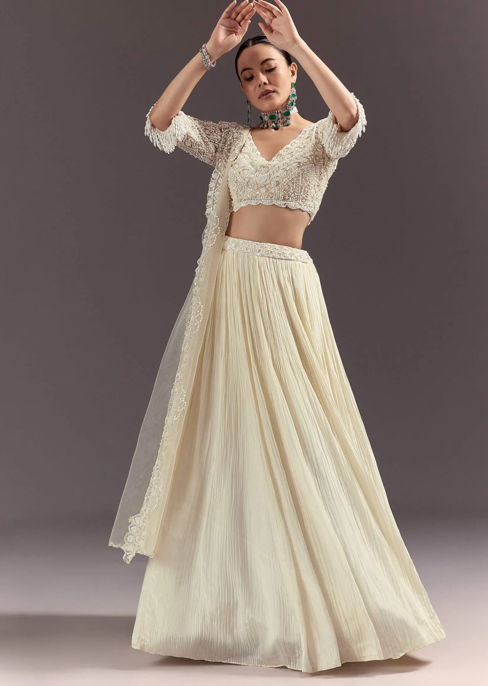 White Rushed Lehenga Set With Cape Dupatta