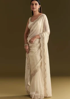 White Satin Embroidered Saree With Gota Patti Work