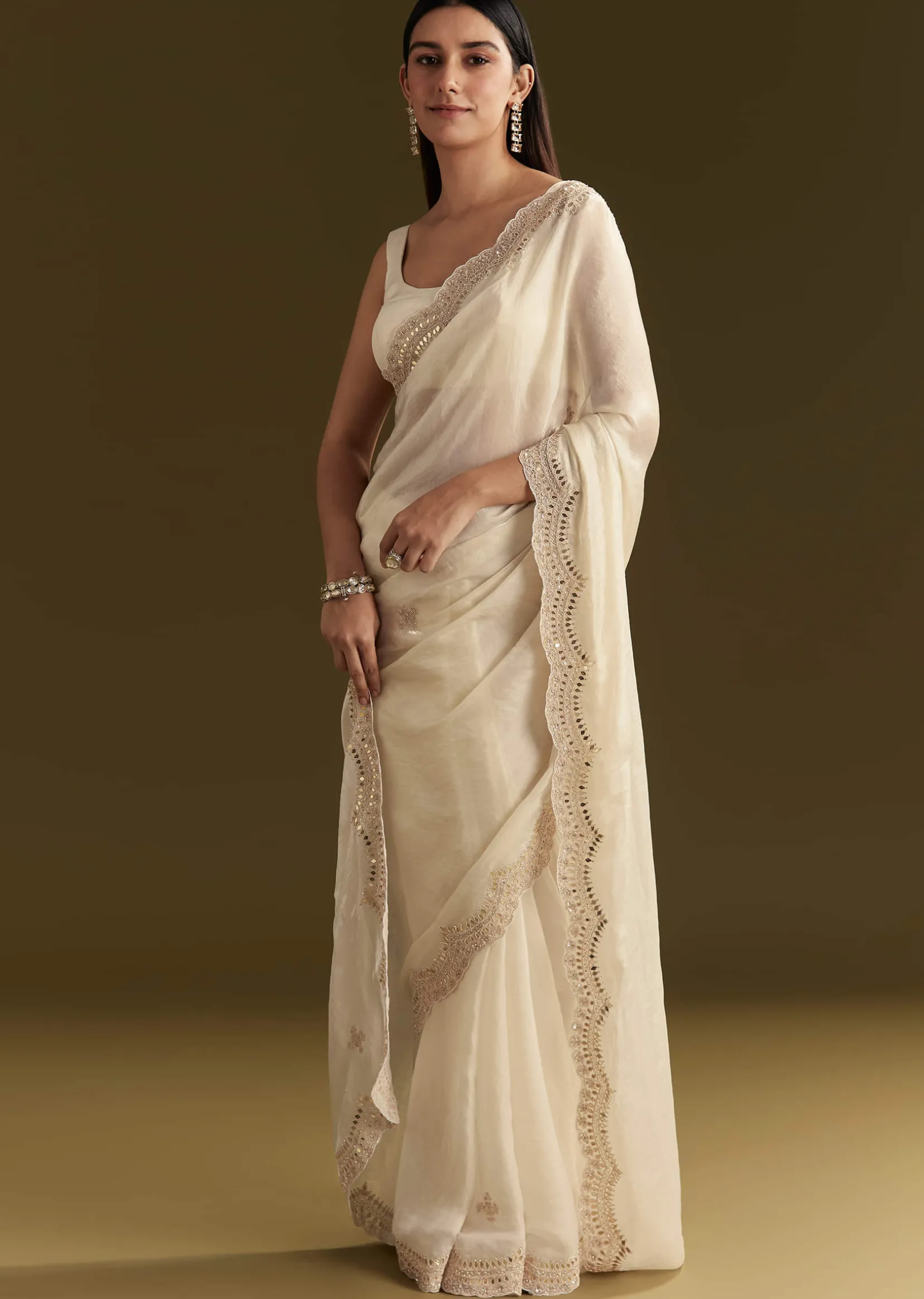 White Satin Embroidered Saree With Gota Patti Work