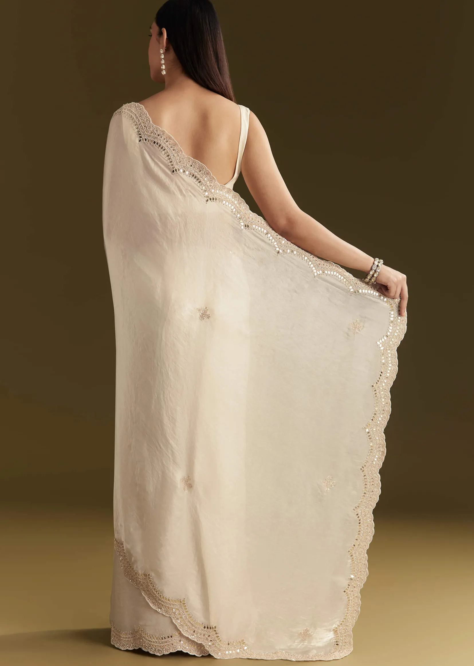 White Satin Embroidered Saree With Gota Patti Work