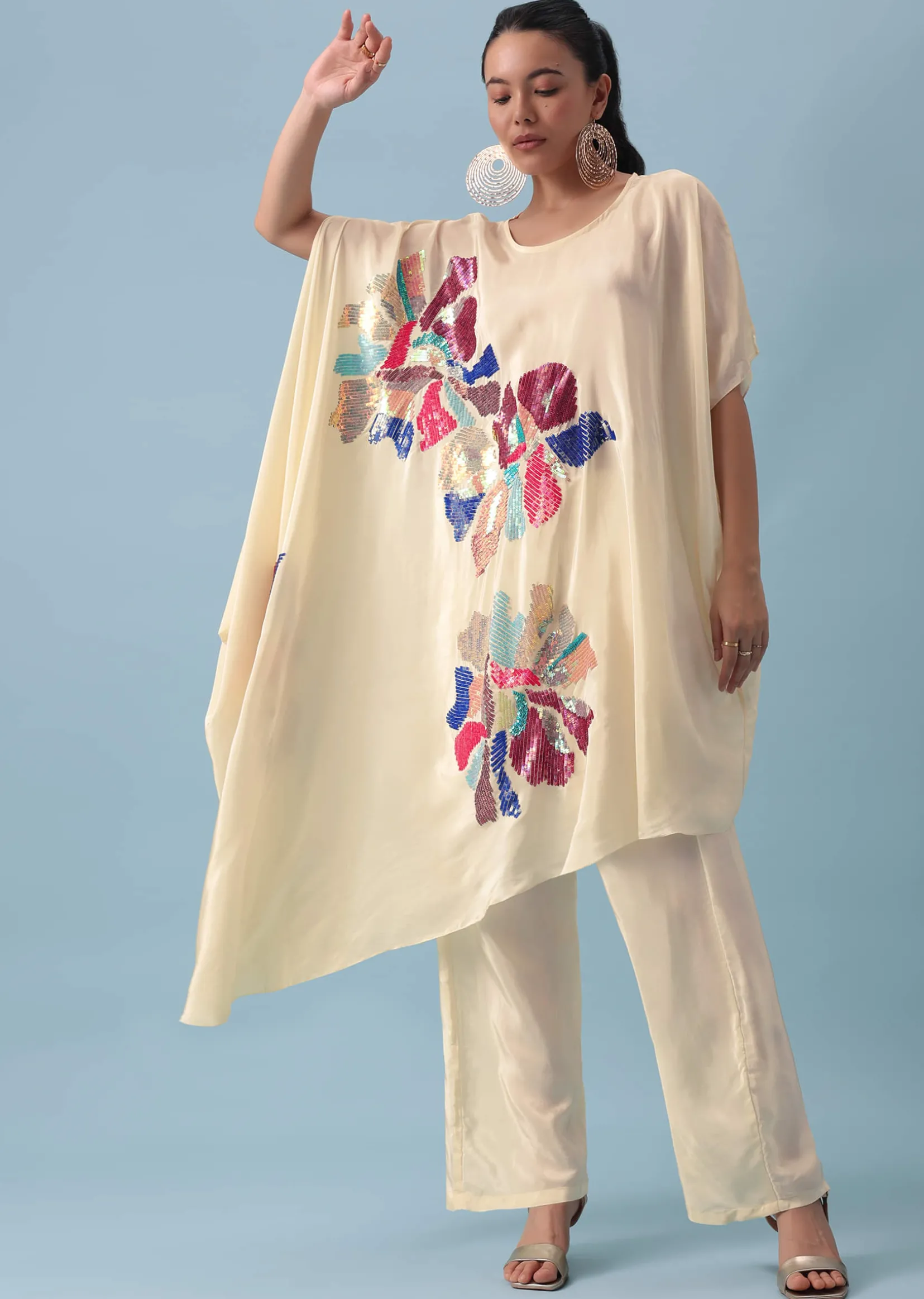 White Sequin Kaftan And Pant Set