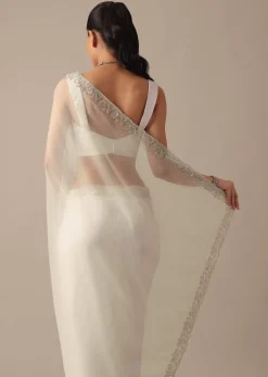 White Sheer Organza Saree With Scallop Cutwork And Unstitched Blouse Piece