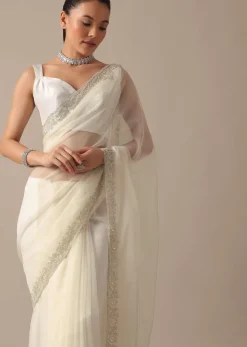 White Sheer Organza Saree With Scallop Cutwork And Unstitched Blouse Piece