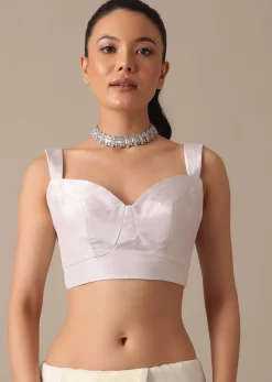 White Sheer Organza Saree With Scallop Cutwork And Unstitched Blouse Piece