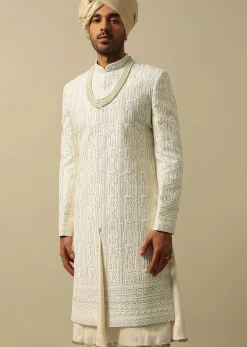 White Sherwani with Exquisite Heavy Embroidery