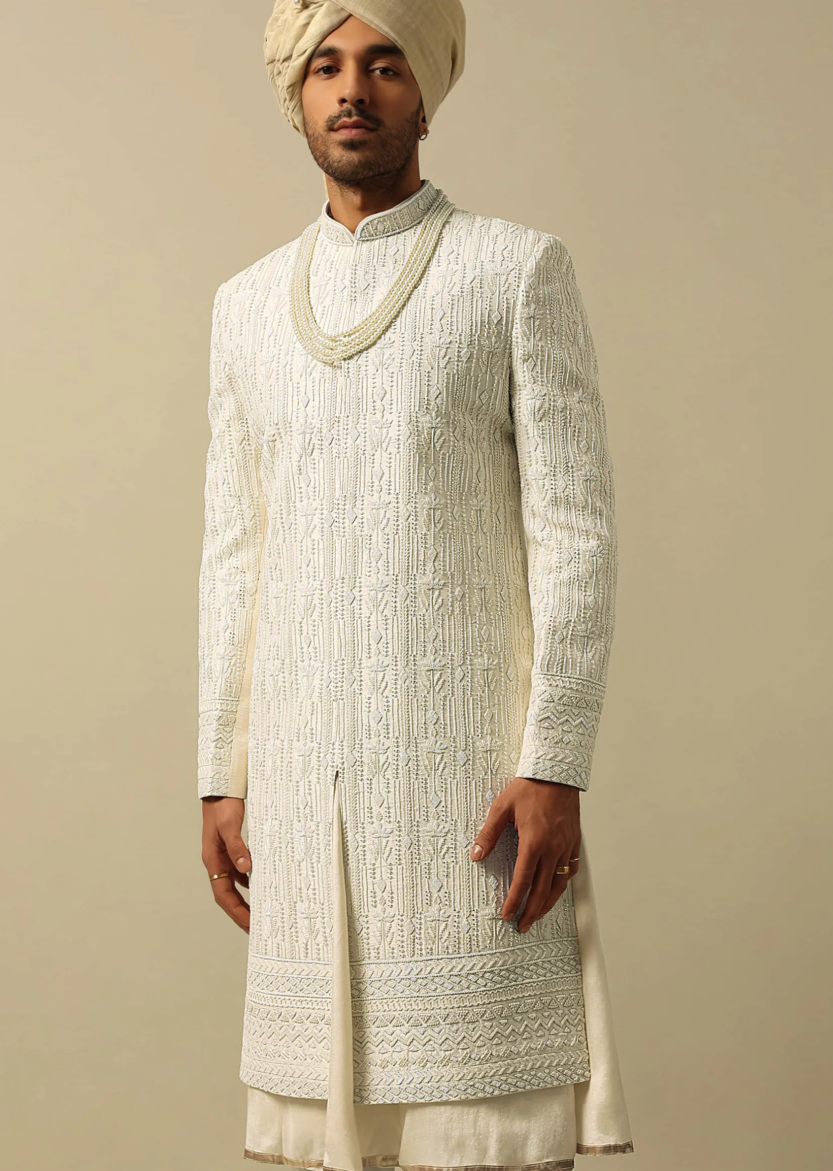 White Sherwani with Exquisite Heavy Embroidery