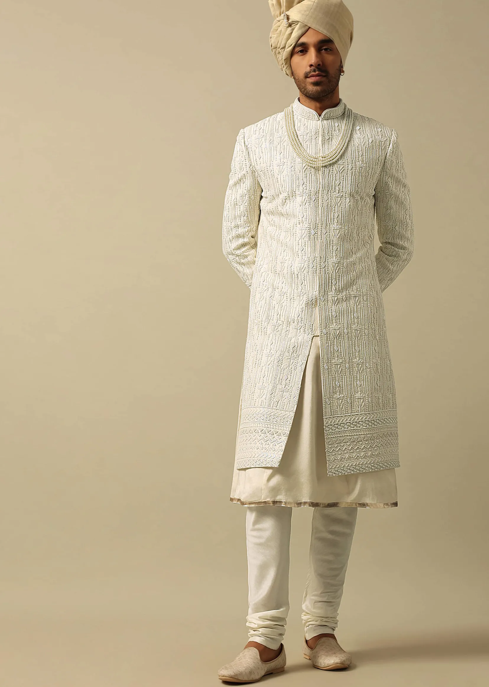 White Sherwani with Exquisite Heavy Embroidery