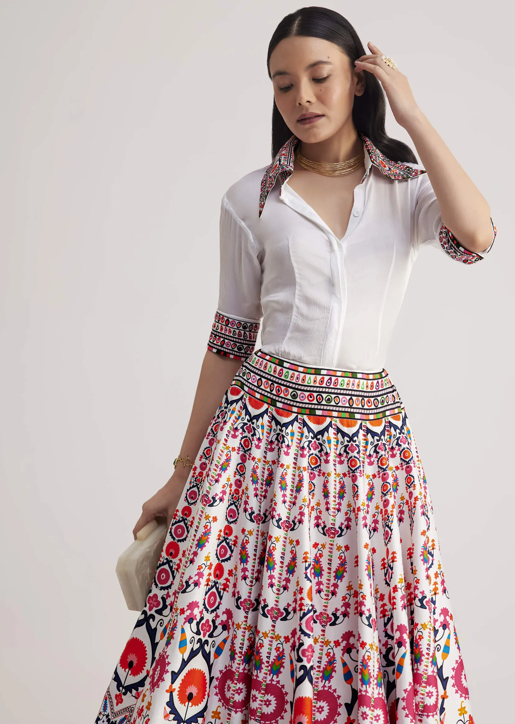 White Shirt With Vibrant Printed Skirt
