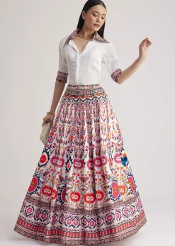White Shirt With Vibrant Printed Skirt