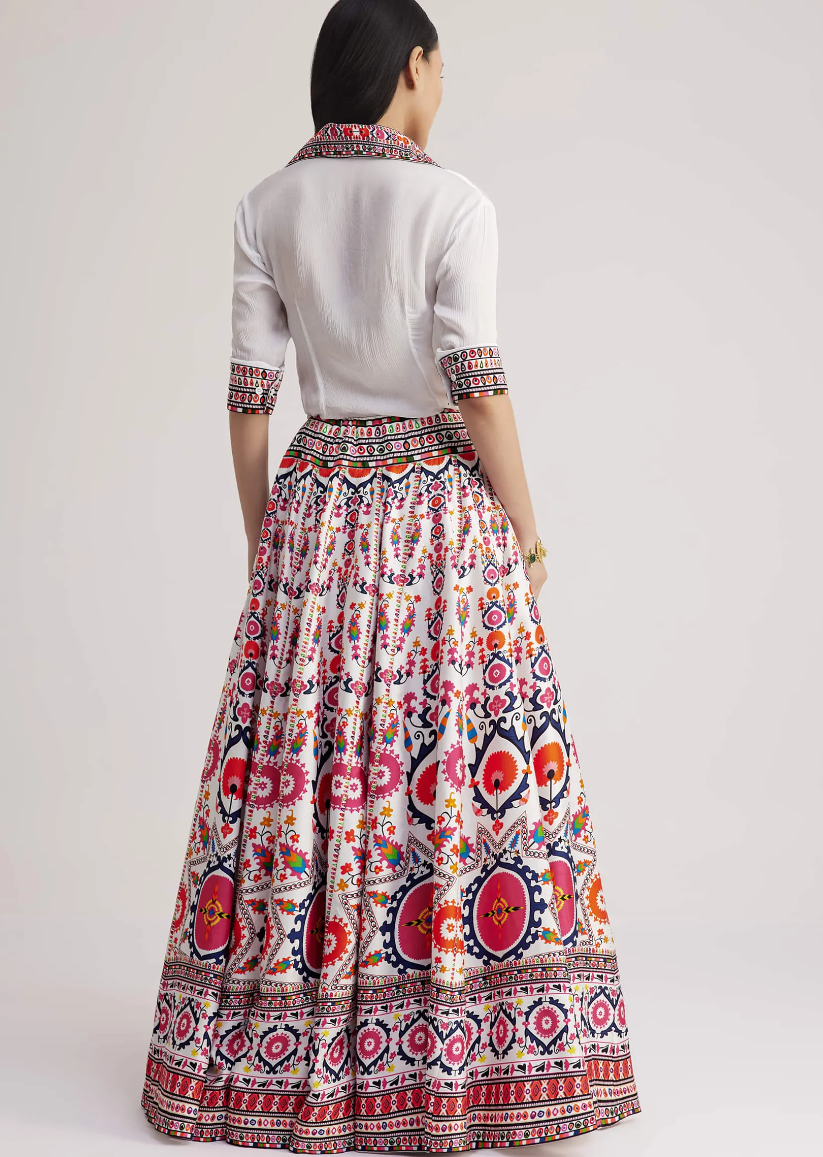 White Shirt With Vibrant Printed Skirt
