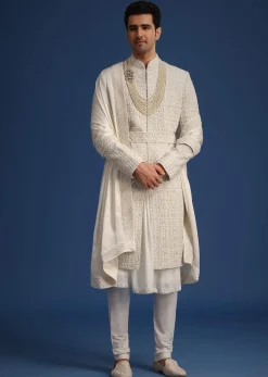 White Silk Embellished Sherwani Set With Kamarbandh