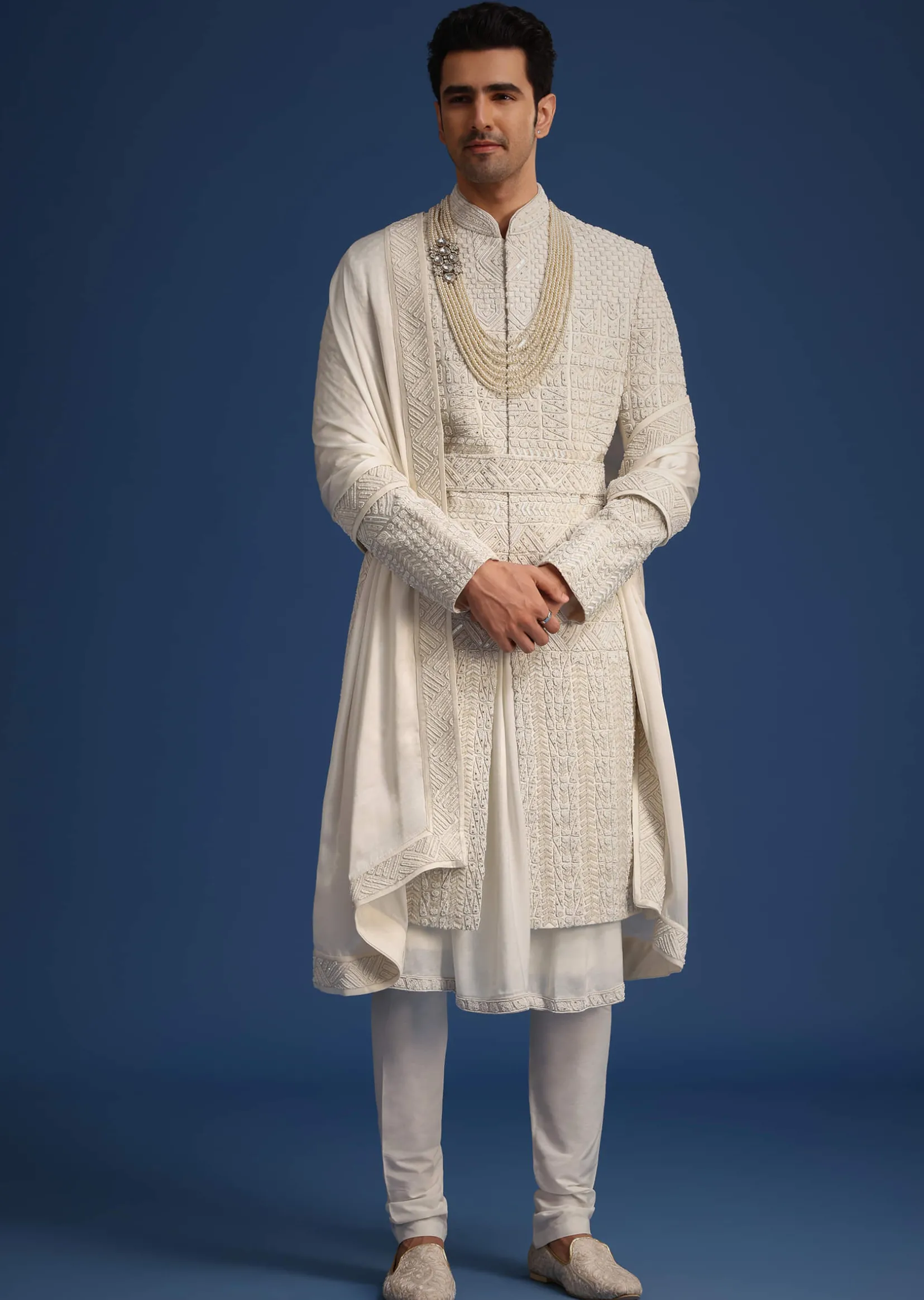 White Silk Embellished Sherwani Set With Kamarbandh