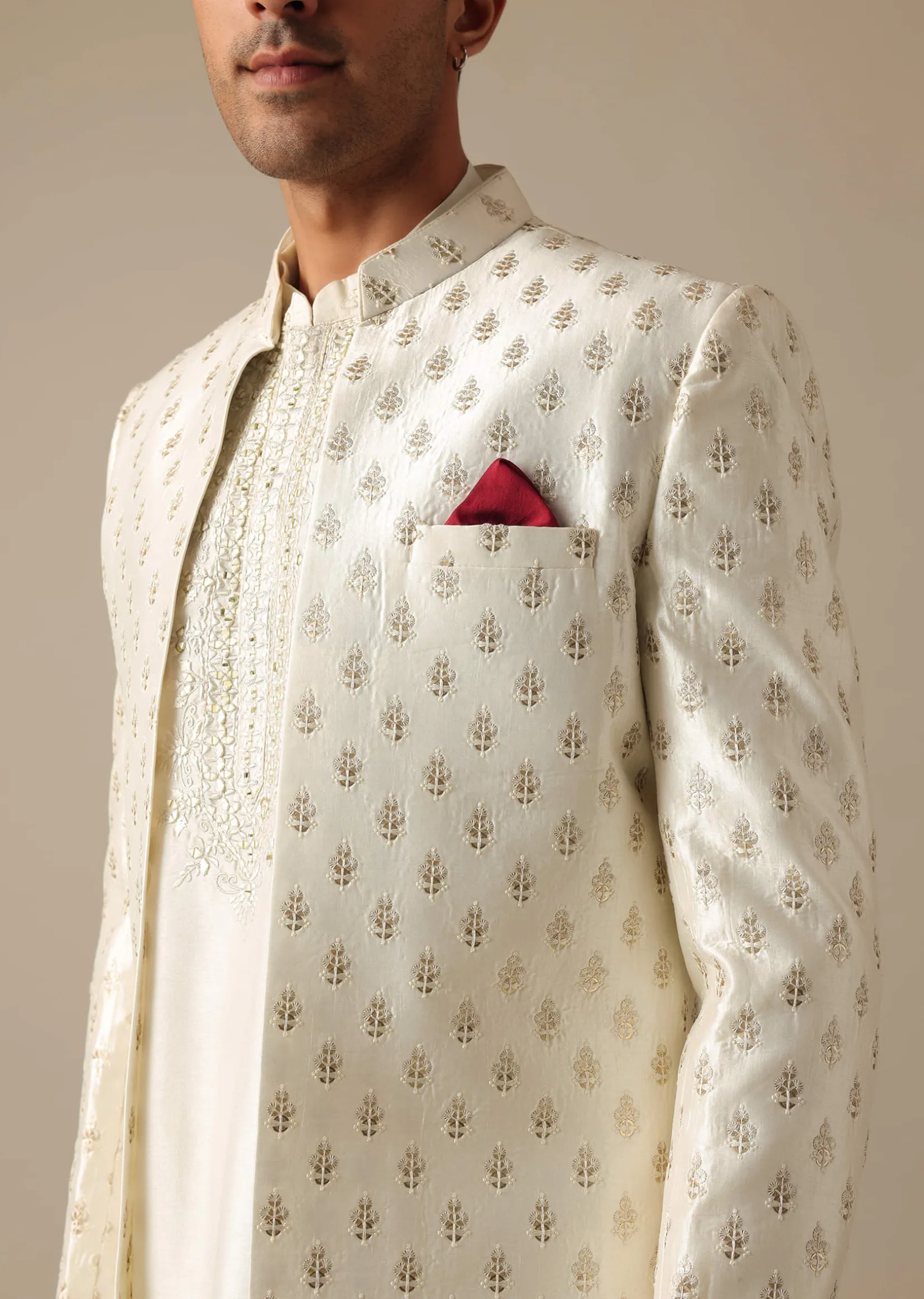 White Silk Embroidered Sherwani Set