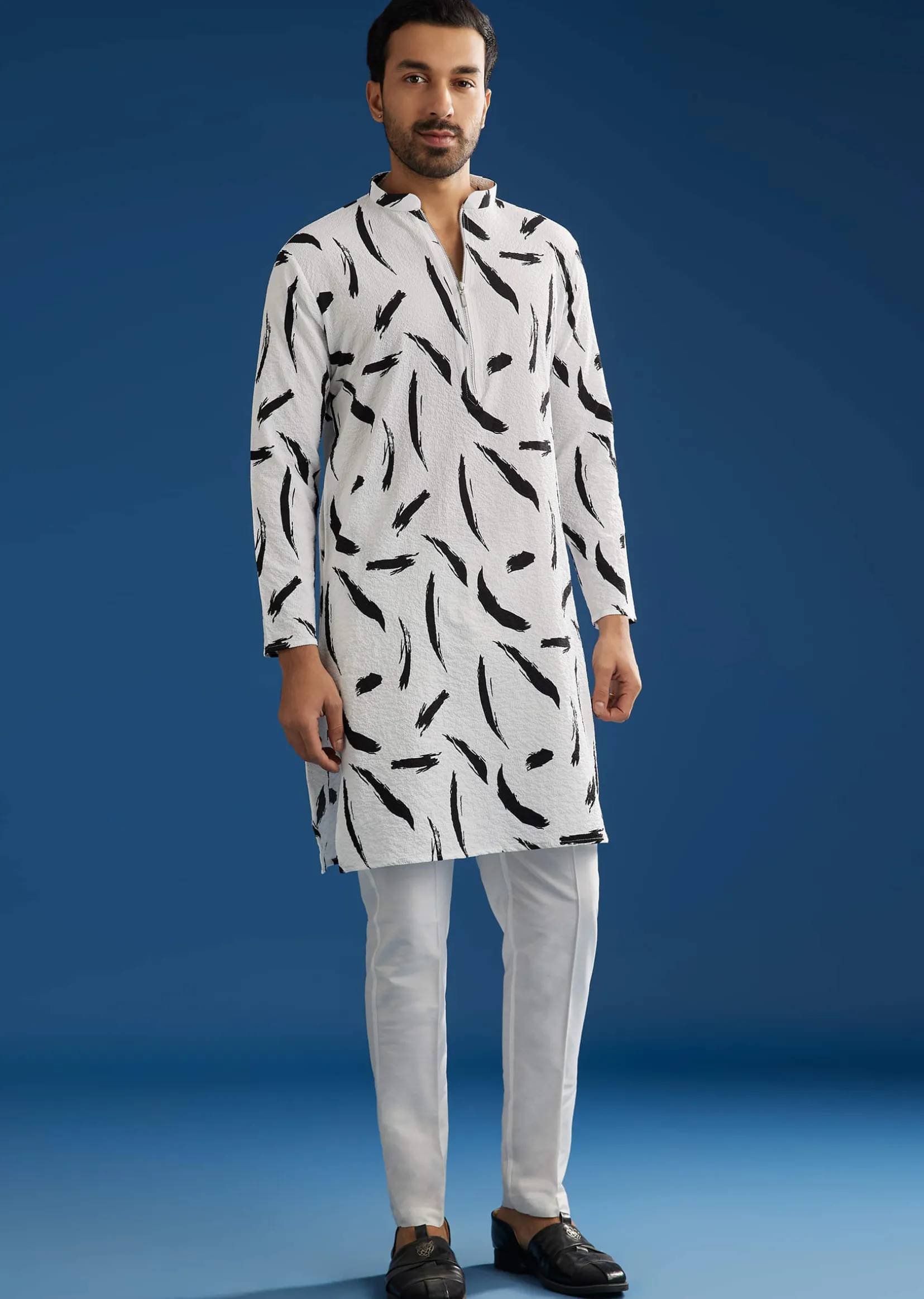 White Silk Kurta Set With Abstract Prints