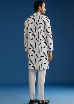 White Silk Kurta Set With Abstract Prints