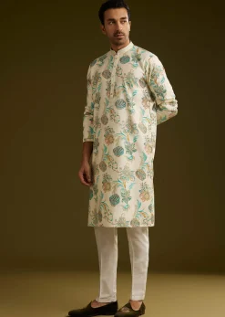 White Silk Kurta Set With Surreal Nature Prints