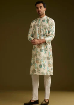 White Silk Kurta Set With Surreal Nature Prints