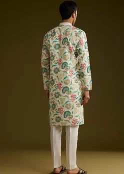 White Silk Kurta Set With Cold Coloured Nature Motifs