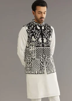 White Silk Kurta Set With Black Dori And Zardosi Jacket