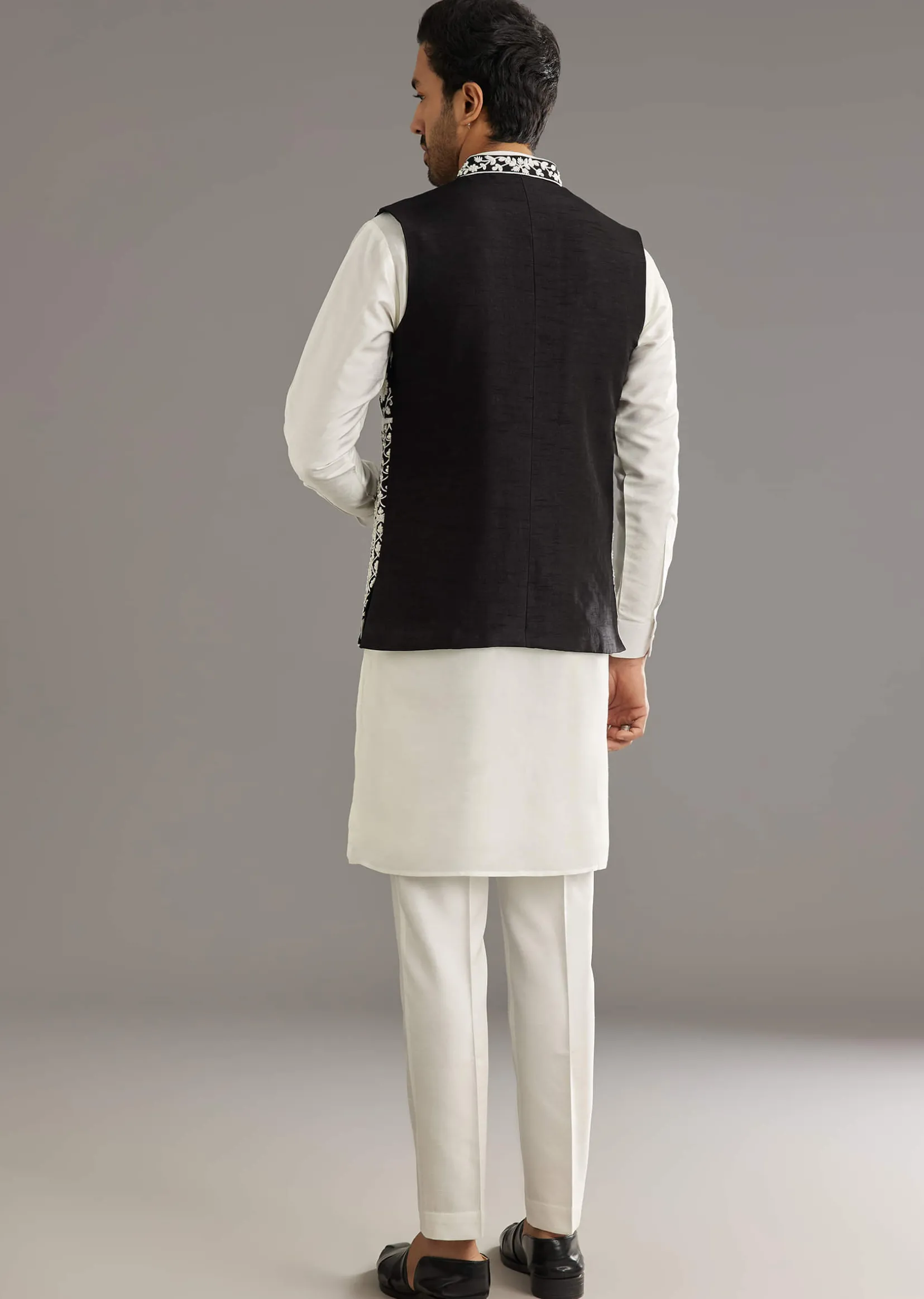 White Silk Kurta Set With Black Dori And Zardosi Jacket