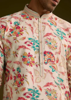 White Silk Surreal Nature Motif Kurta Set