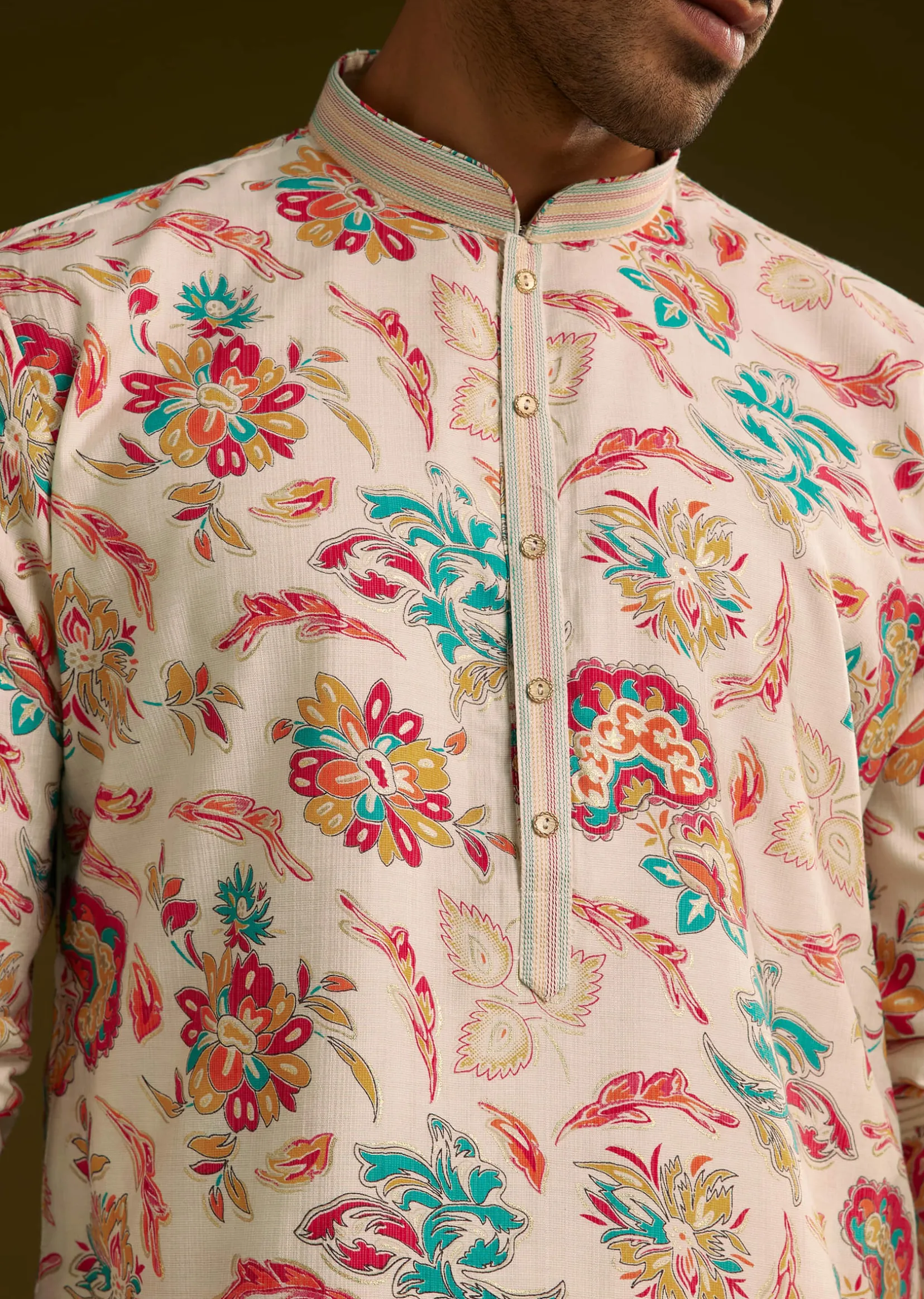 White Silk Surreal Nature Motif Kurta Set