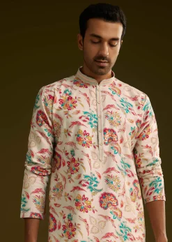 White Silk Surreal Nature Motif Kurta Set