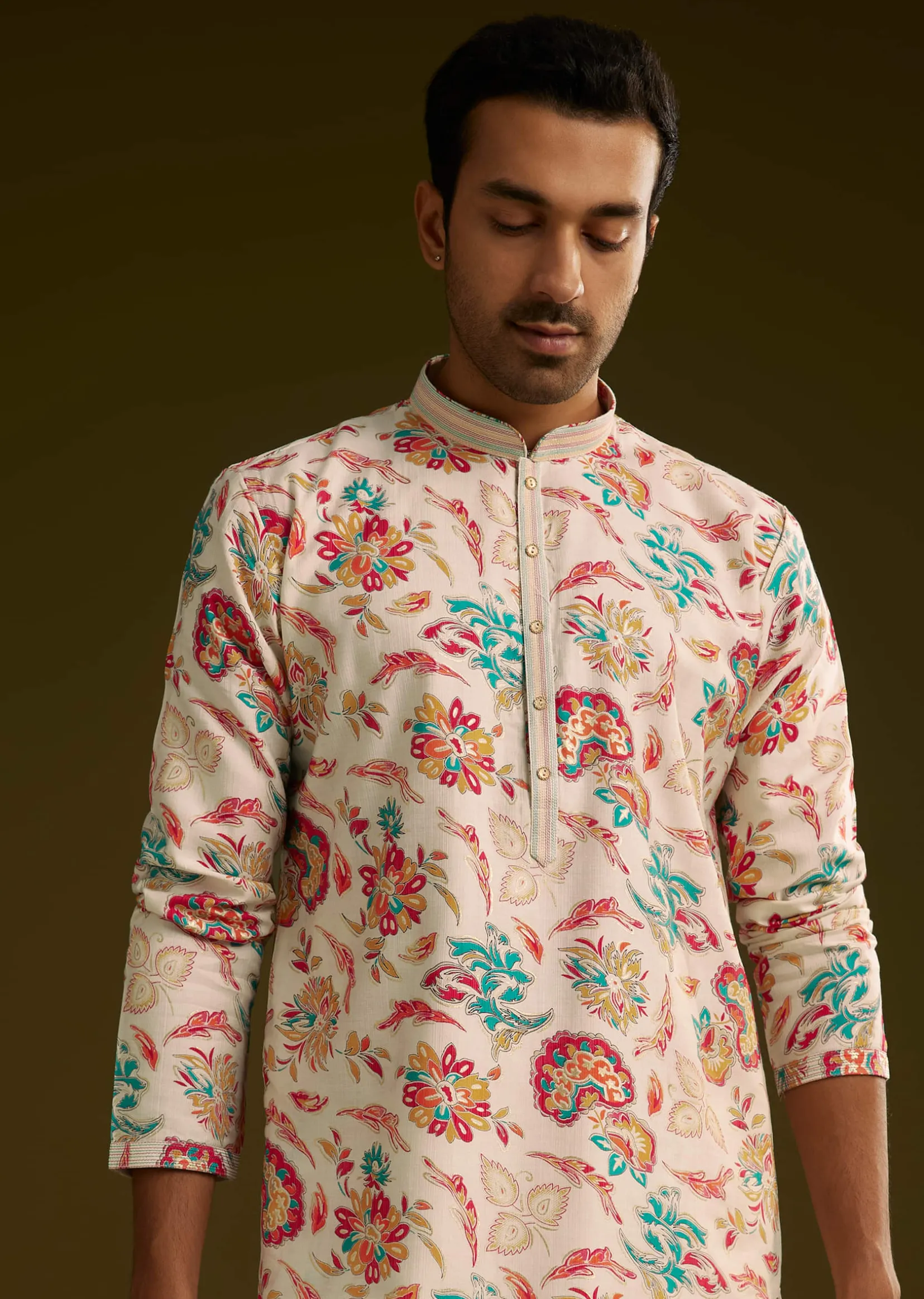 White Silk Surreal Nature Motif Kurta Set