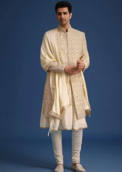 White Silk Zari Work Sherwani Set With Dupatta
