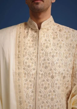 White Silk Zari Work Sherwani Set With Dupatta