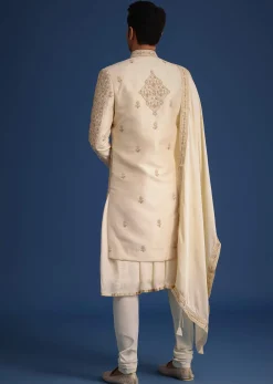 White Silk Zari Work Sherwani Set With Dupatta
