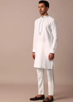White Straight Linen Kurta With Yoke Detail