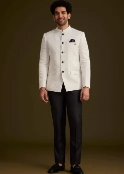 White Textured Jodhpuri Suit With Black Trouser