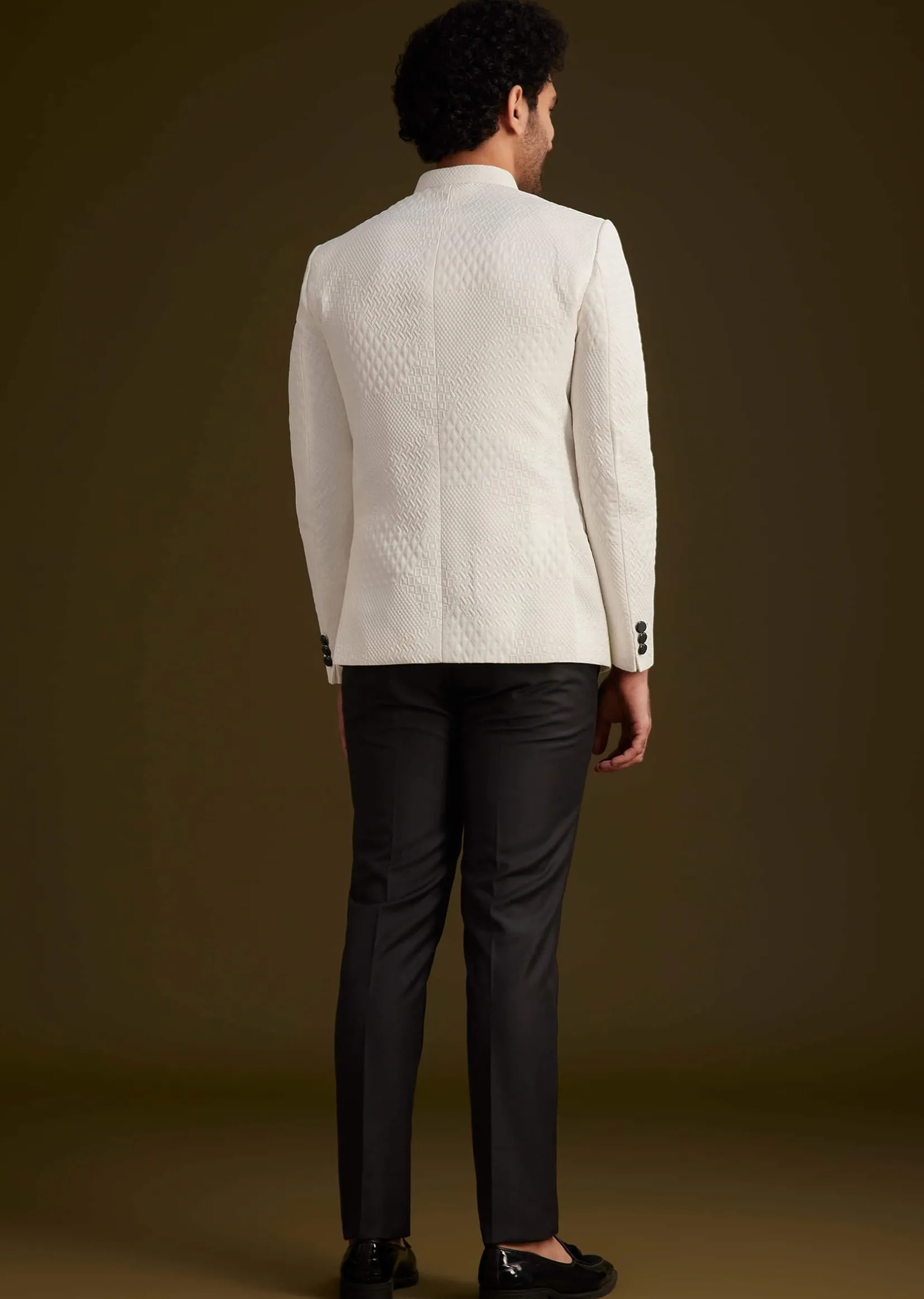 White Textured Jodhpuri Suit With Black Trouser