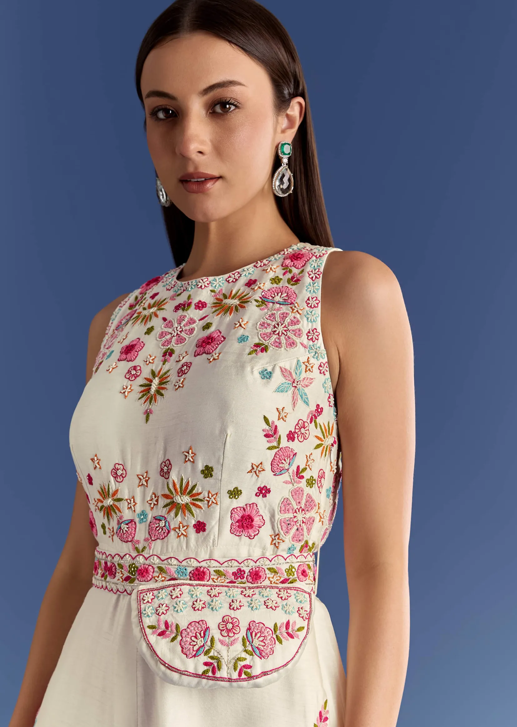 White Thread And Moti Work Jumpsuit With Waist Belt