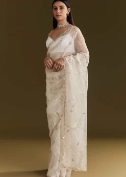 White Tissue Embroidered Saree With Scallop Border