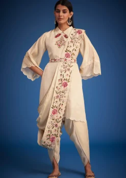 White Tissue Embroidered Dhoti Set