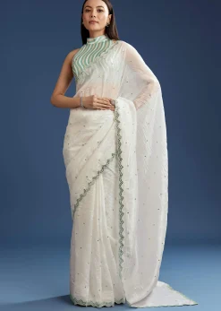 White Tissue Saree With Contrast Border