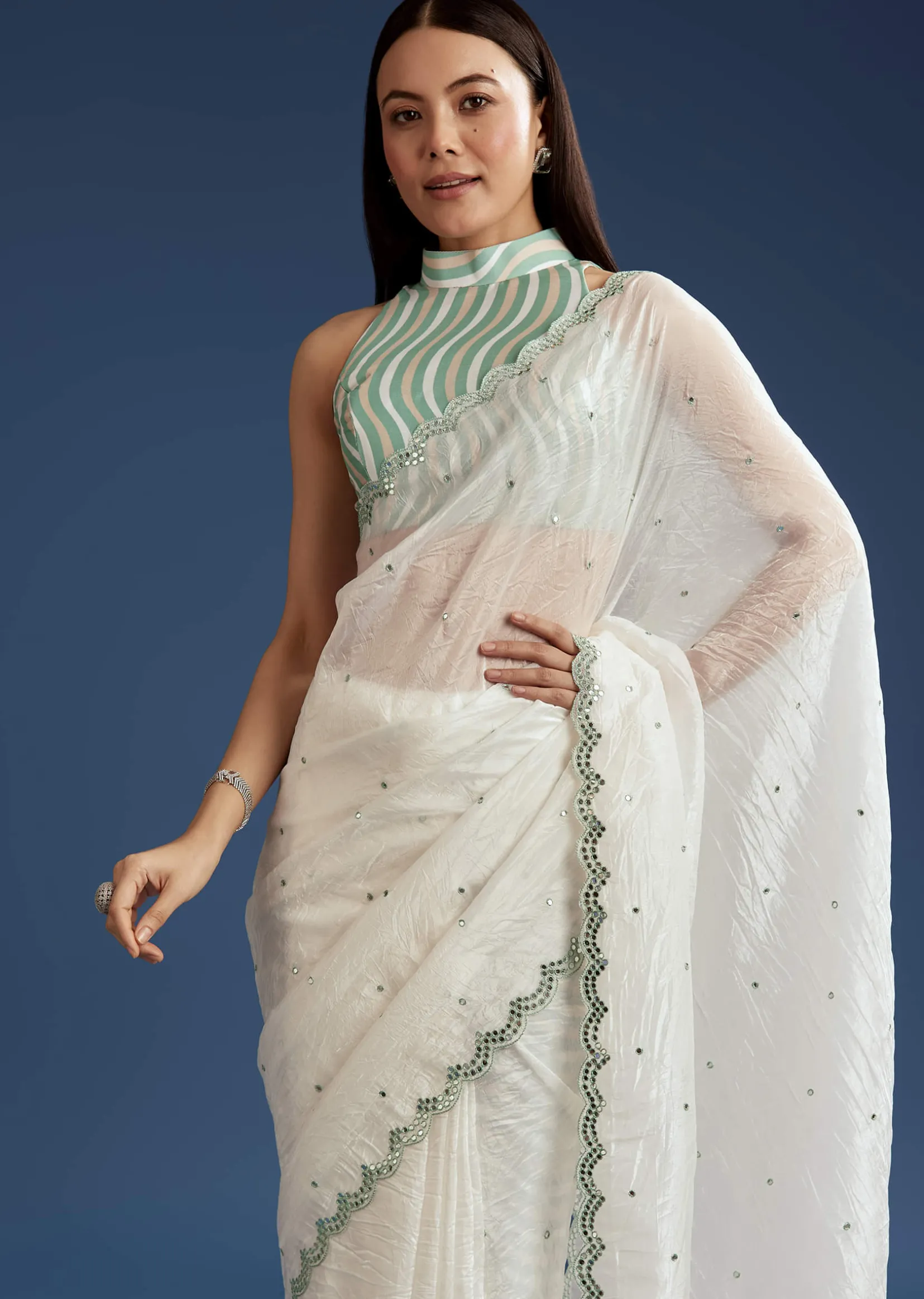 White Tissue Saree With Contrast Border
