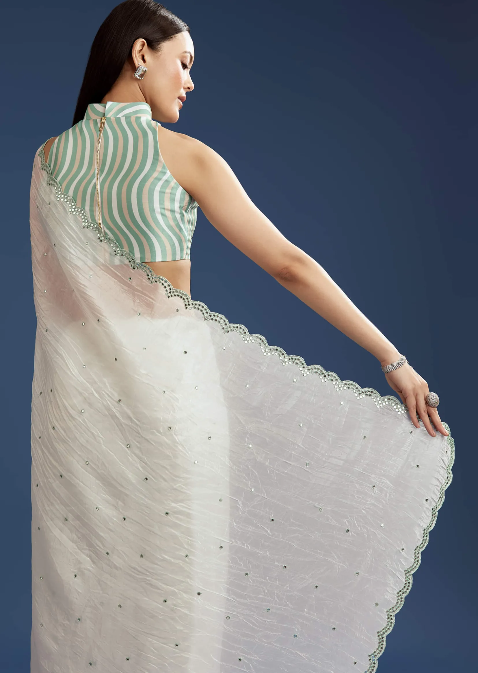 White Tissue Saree With Contrast Border
