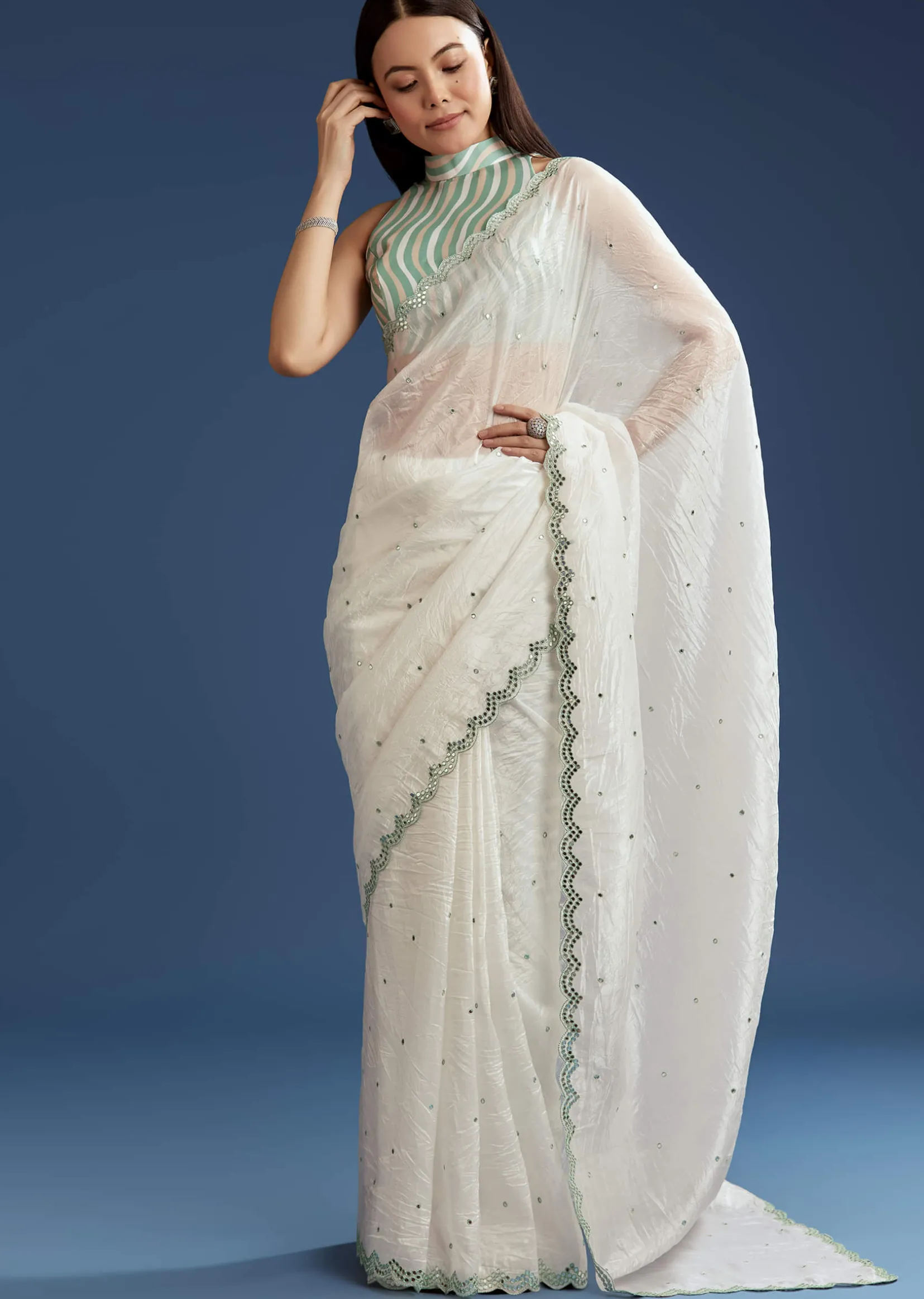 White Tissue Saree With Contrast Border