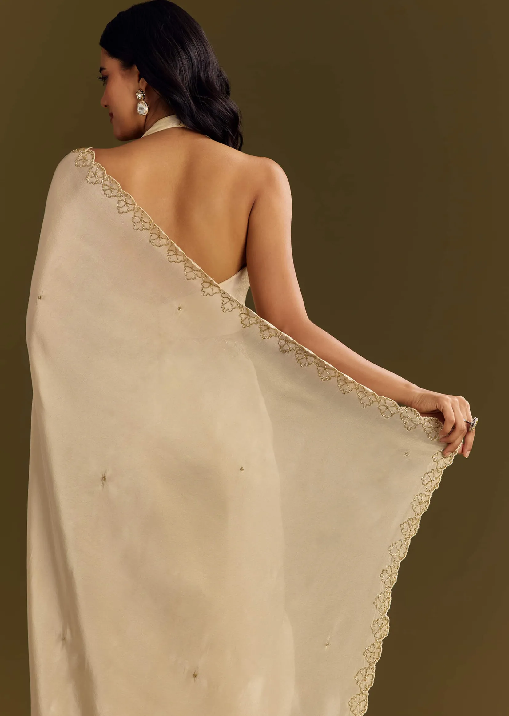 White Tissue Saree With Cutdana And Beads Scallop Border