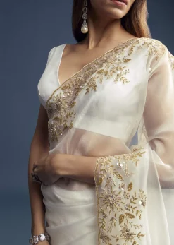 White Tissue Saree With Floral Cutdana Embroidery