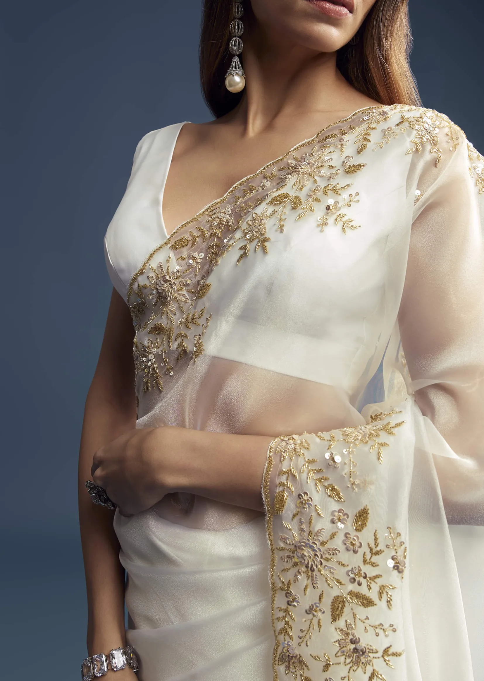 White Tissue Saree With Floral Cutdana Embroidery