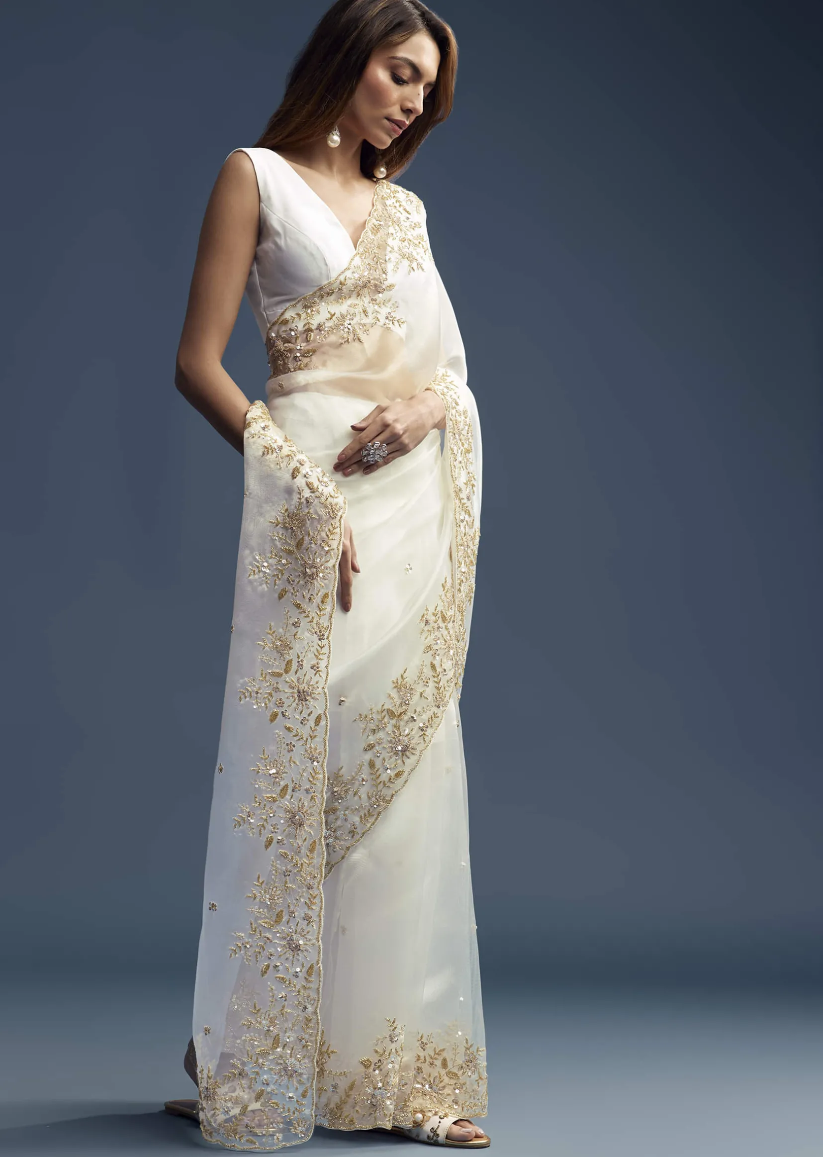 White Tissue Saree With Floral Cutdana Embroidery