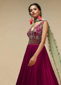 Wine Anarkali Suit In Georgette With A Heavily Hand Embroidered Bodice Featuring Multi Colored Resham And Beads