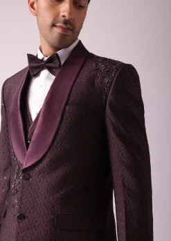 Wine Blazer And Pant Set In Terry Rayon Fabric