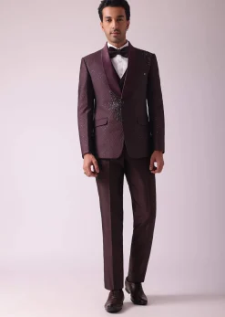 Wine Blazer And Pant Set In Terry Rayon Fabric