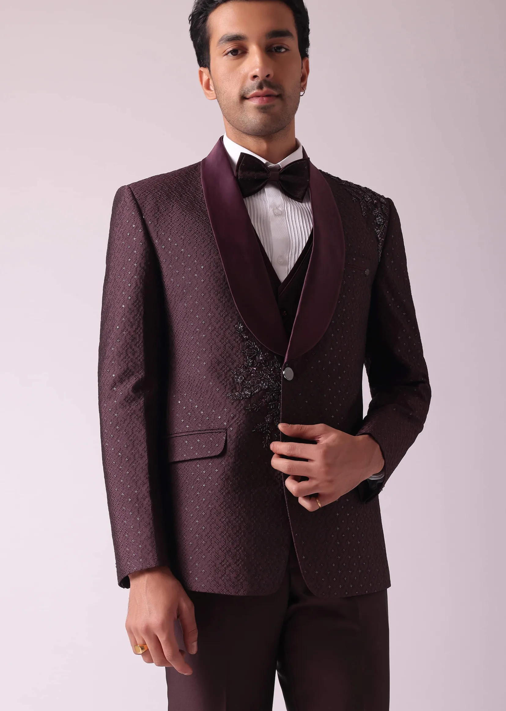 Wine Blazer And Pant Set In Terry Rayon Fabric