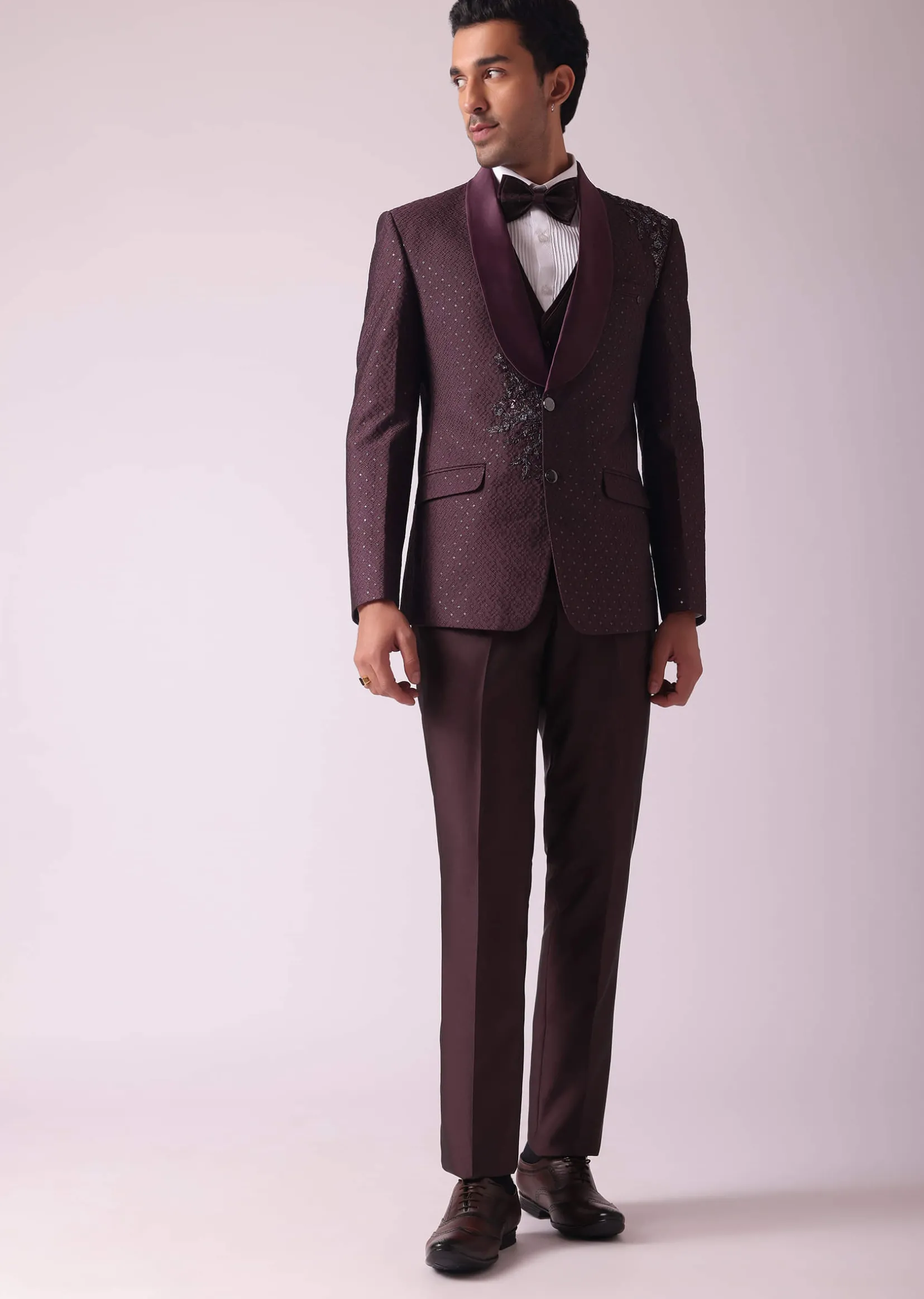 Wine Blazer And Pant Set In Terry Rayon Fabric